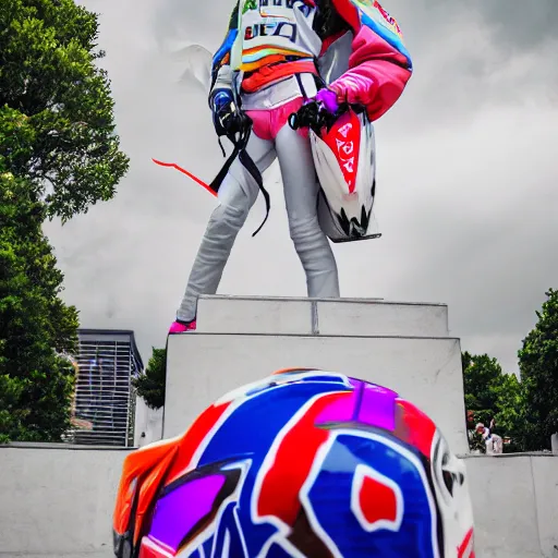 Image similar to extremely beautiful photo of a white marble statue of a girl with colorful motocross logos and motorcycle helmet with closed visor, colorful smoke in the background, carved marble statue, symmetrical, vogue, fine art, neon genesis evangelion, virgil abloh, offwhite, denoise, highly detailed, 8 k, hyperreal