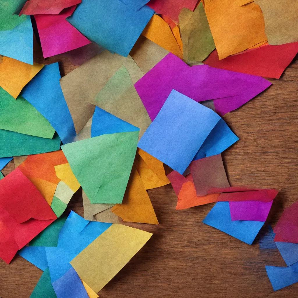 Prompt: close up view of colored papers on top of a wooden table, 8k, high detail, photorealistic, proper shading