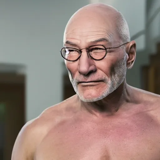 Image similar to a man who is a genetic combination of patrick stewart and jonathan frakes and levar burton and michael dorn and brent spiner, face and upper - body focus, detailed eyes