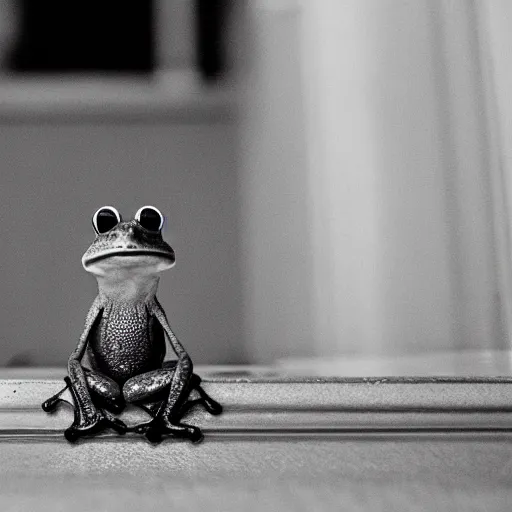 Image similar to a small frog standing on two feet at the hotel reception entry, black velvet, edgar leeteg