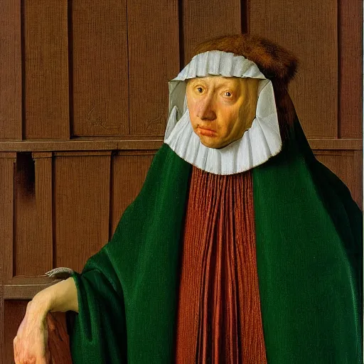 Image similar to portrait of a dramatic parot suffering, painting by Jan van Eyck,