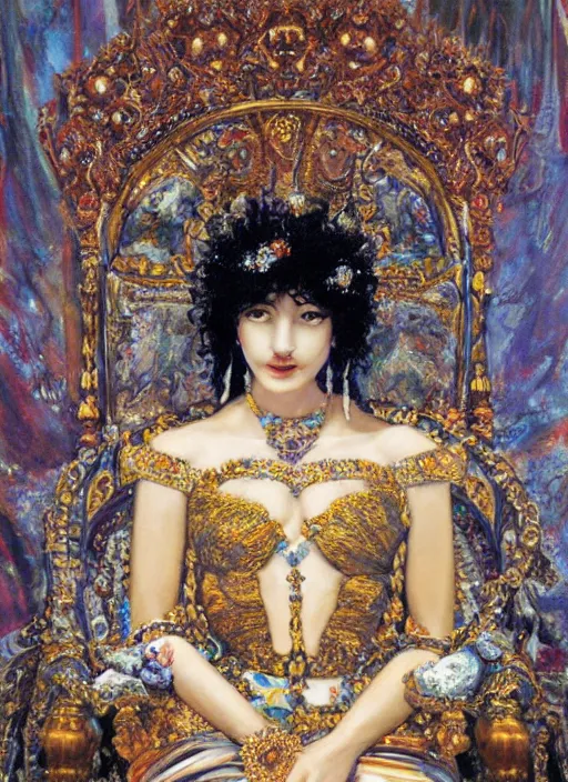 Image similar to oil painting of portait Queen of Ecstasy in a large throne room, Hungarian, curly black hair, by Yoshitaka Amano