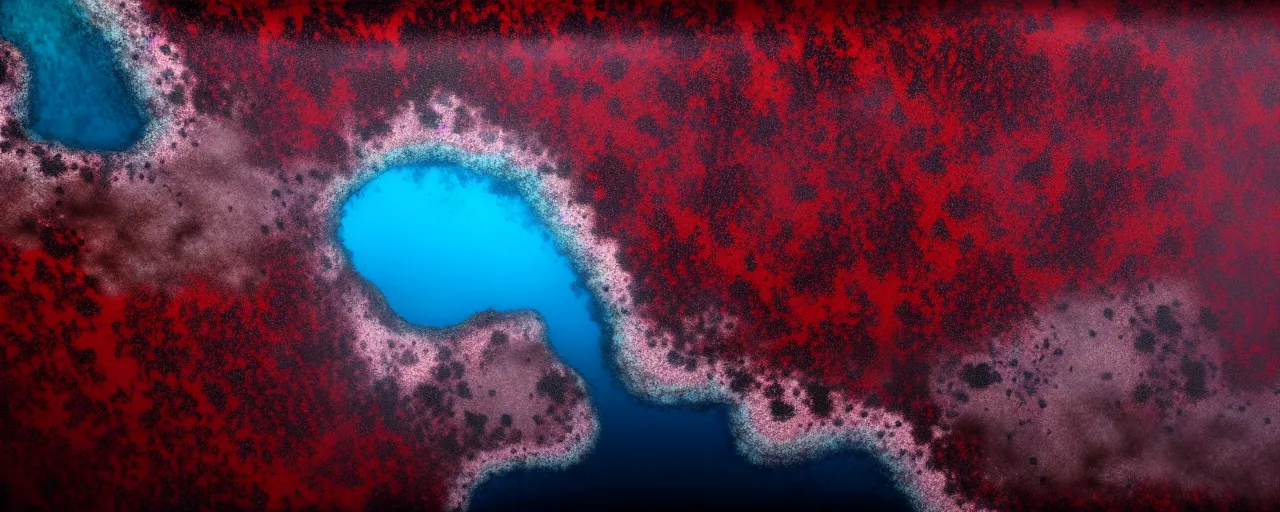 Image similar to A gorgeous detailed oil of a dark red sea covered in big blue steep rocks, a school of piranhas underwater, the further away the mistier it gets, surreal, concept art, dark aesthetic, atmospheric, moody, hyperrealism, highly detailed, masterpiece, award winning, 4k, unreal engine