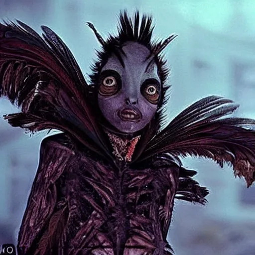 Prompt: humanoid alien species with human face, black feathers instead of hair, feathers growing out of skin, wings growing out of arms, transformation, tim burton, guillermo del toro