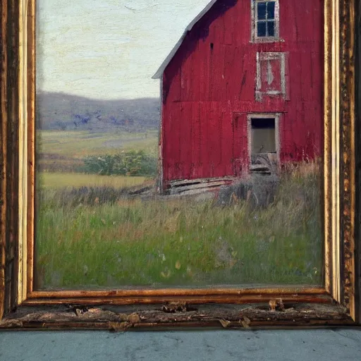 Prompt: Richard Schmid and Jeremy Lipking full length portrait painting of an old and worn red barn