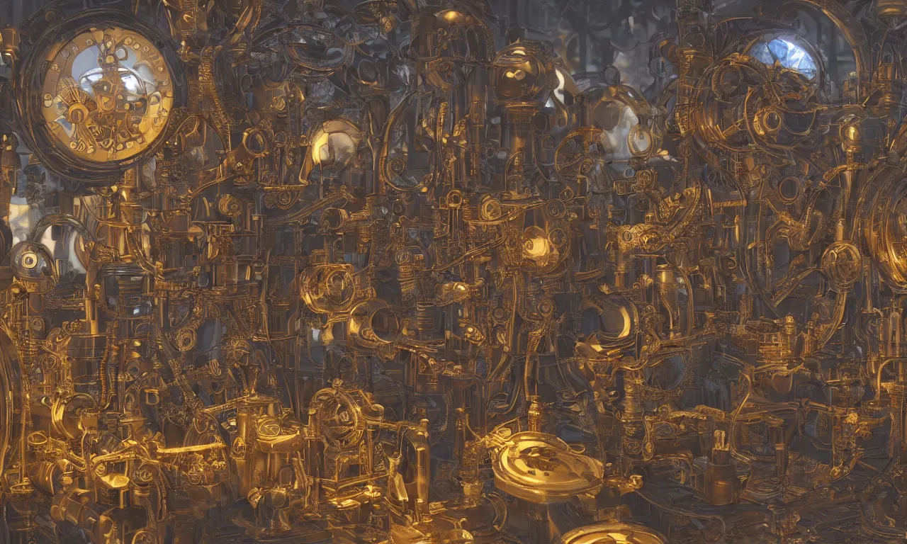 Image similar to steampunk engine laboratory 3 d volume kaleidoscope chakra digital color stylized concept substance natural color scheme, global illumination ray tracing hdr fanart arstation by sung choi and eric pfeiffer and gabriel garza and casper konefal