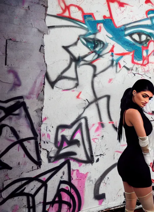 Prompt: film still portrait of kylie Jenner doing a graffiti mural, derelict house, cinematic lighting, cinematic, close rear pov,