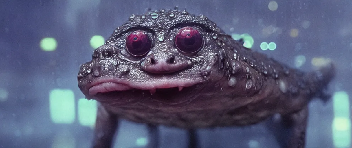 Prompt: Close up of a happy Lepidobatrachus laevis facing the camera in a still from the movie Blade Runner (1982), high quality, rain, rain drops, cold neon lighting, 4k, night, award winning photo, beautiful, cute