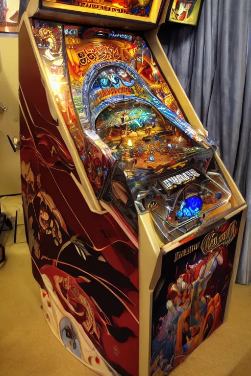 Image similar to pinball machine designed by brian froud