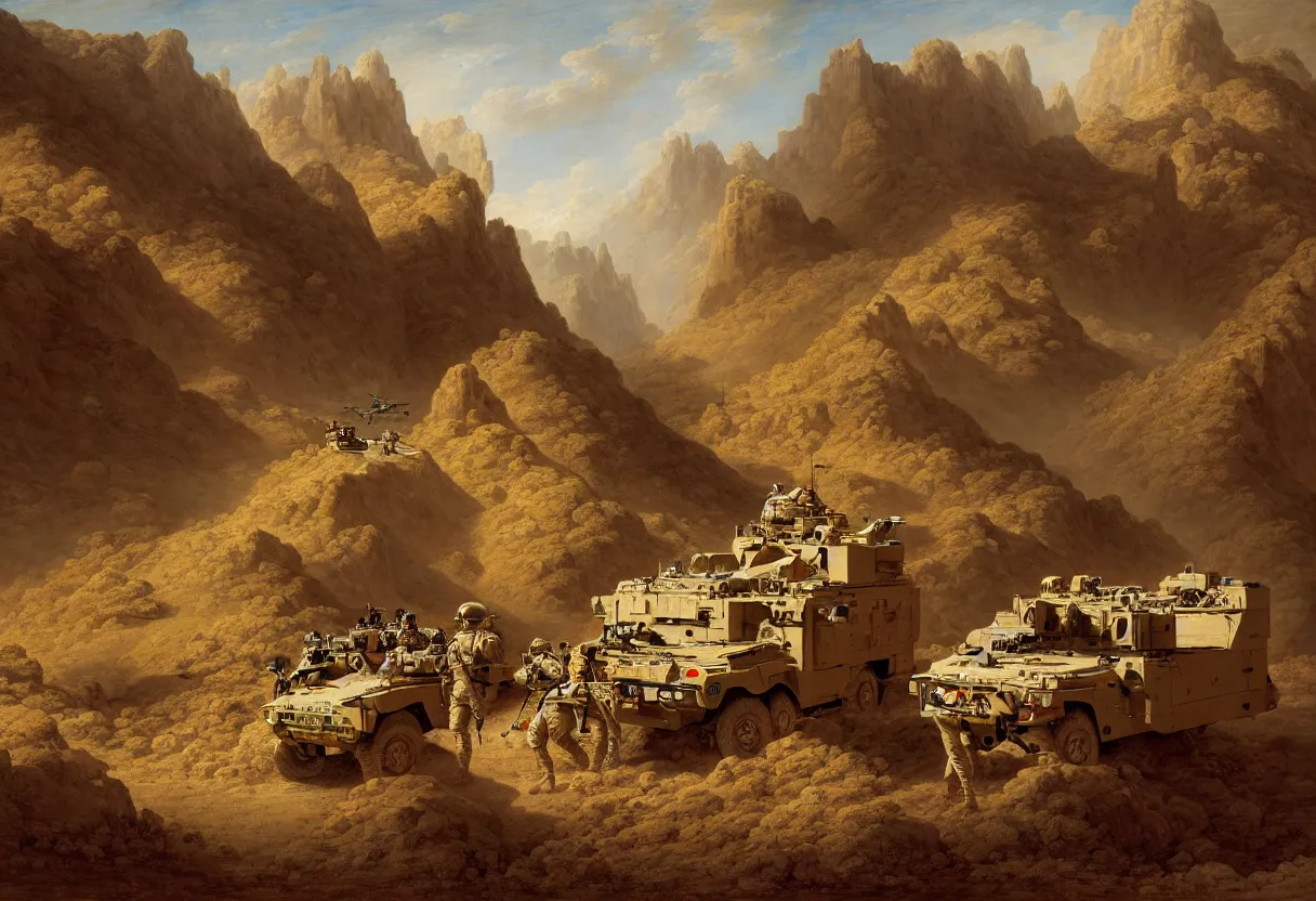 Prompt: afghanistan war portrait, majestic, humvee, drones in the sky, us navy seals, m 1 abrams tank, desert, fine art portrait painting, strong light, clair obscur, by jean honore fragonard, by peter paul rubbens, by jacques louis david