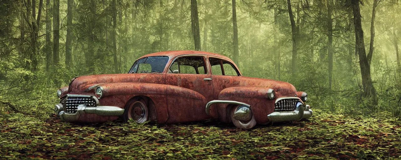 Prompt: Photograph of an abandoned rusty 1950's Buick in a forest, overgrown with vegetation, sun shining through the trees, backlit, crepuscular rays, realistic octane render, 8k, ultra detailed close up