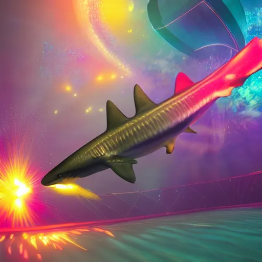 Image similar to Cosmic Shark for maintenance by an unprofessional cyber mackerel, colourful explosion behind. 4K 64 megapixels 8K resolution DSLR filmic HDR Kodak Ektar wide-angle lens 3D shading Behance HD CGSociety Cinema 4D IMAX shadow depth rendered in Blender Unreal Engine hyperrealism photoillustration, lots of reflective surfaces, subsurface scattering