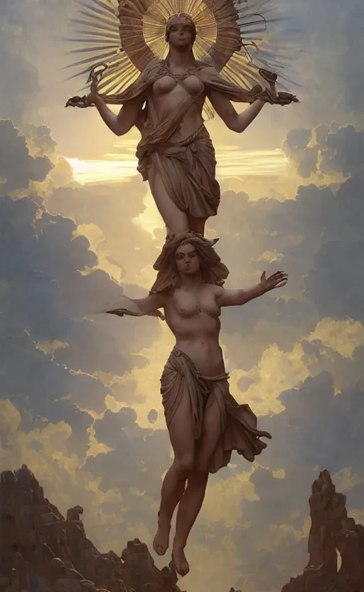 Image similar to solarpunk four armed statue of the goddess of the sun helios descending from olympus, artstation, concept art, smooth, sharp focus, illustration, art by artgerm and greg rutkowski and alphonse mucha and william adolphe bouguereau and john william waterhouse and gianlorenzo bernini