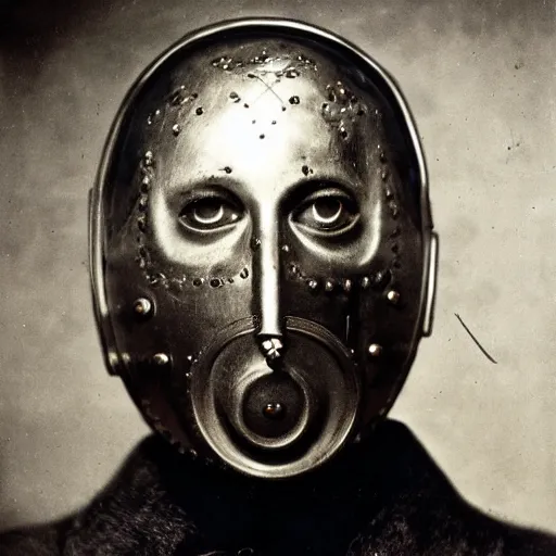 Prompt: photo portrait of 19 century brutal shiny metal face mask with fine detail engravings and runes cultist lord rich baron by Diane Arbus and Louis Daguerre