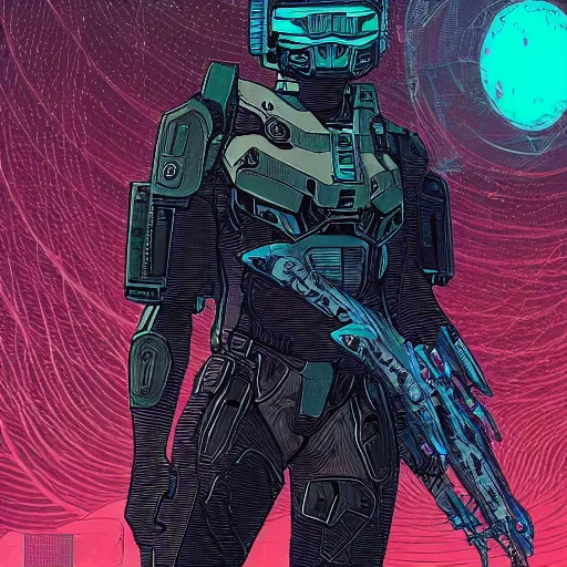 Image similar to stunningly intricate illustration of a cyberpunk explorer with active camo from halo, highly detailed, midnight, by josan gonzalez, victo ngai, moebius, laurie greasley