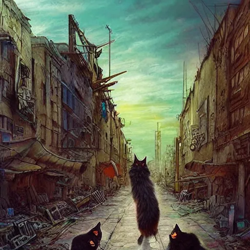 Image similar to gigantic cat walking on apocalyptic city, very detailed fine art, trend of artistation, style of jazinski and repin