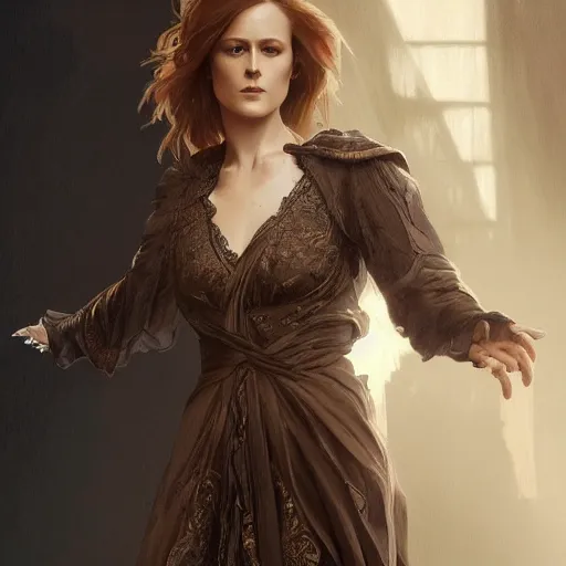 Image similar to full figure ultra realistic illustration, evan rachel wood wearing a futuristic black robe, brown flowy hair, old west, intricate, elegant, highly detailed, digital painting, artstation, concept art, smooth, sharp focus, illustration, art by artgerm and greg rutkowski and alphonse mucha