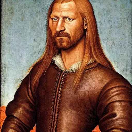 Prompt: a renaissance portrait of Triple H with long flaxen blond hair