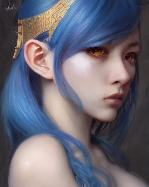 Image similar to stunningly beautiful female blue hair, dj sura, dj geadset, fantasy art, dark light night, sharp focus, digital painting, 8 k, concept art, art by wlop, artgerm, greg rutkowski and alphonse mucha