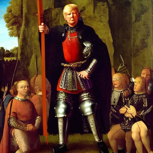 Prompt: donald trump wearing medieval armor holding a sword, renaissance painting