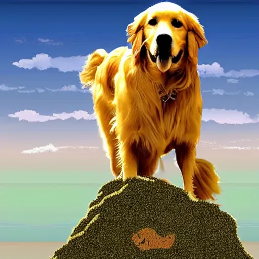 Image similar to a golden retriever standing on top of a mountain, microsoft paint art, unprofessional, mediocre