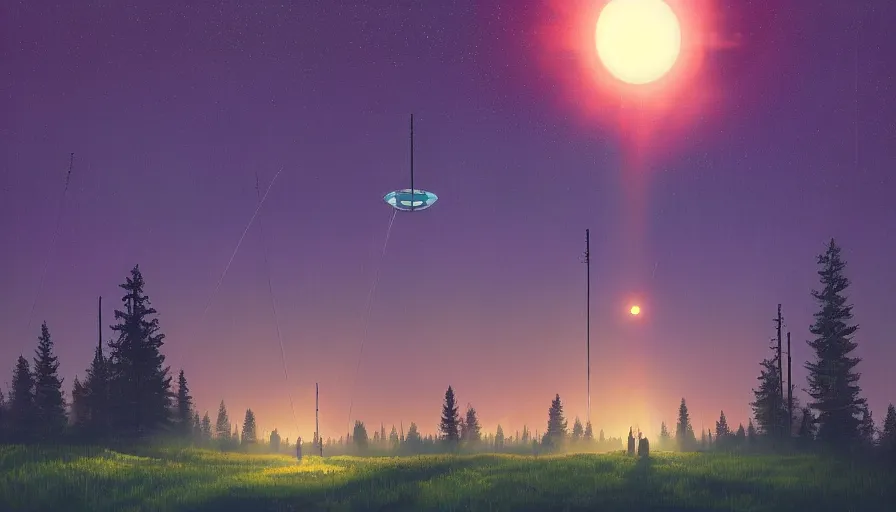 Image similar to space communication dish, sun in the sky, early morning, forest in the background, simon stalenhag