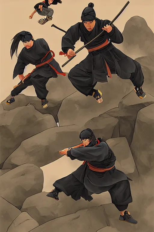 Image similar to trowing rock to ninjas, ilustrator by tafy laplanche and bo feng lin