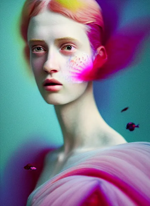 Image similar to Kodak Portra 400, 8K, soft light, volumetric lighting, highly detailed, fine art portrait photography in style of Tim Walker , beautiful face morphing with soft pastel colors tropical fishes, metamorphosis complex 3d render , 150 mm lens, soft blur background, bust with intricate details, elegant, hyper realistic, ultra detailed, octane render, etheric, outworldly colours, emotionally evoking, head in focus, fantasy, ornamental, intricate, elegant, 8K, soft light, volumetric underwater lighting, highly detailed, Refined, Highly Detailed, soft lighting colors scheme, fine art photography, Hyper realistic, photo realistic