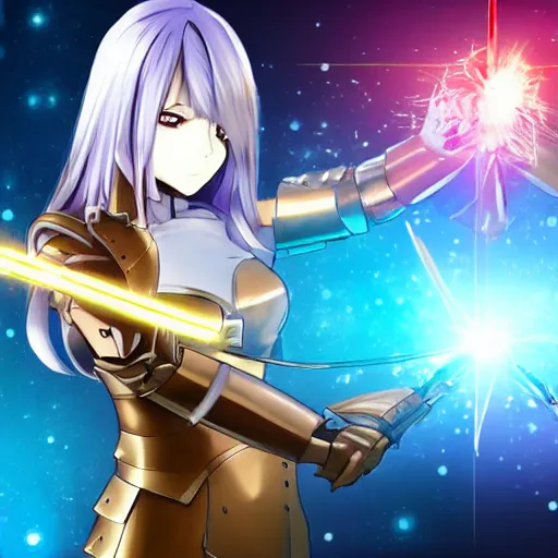 Image similar to anime girl with futuristic armor and glowing sword slicing in half a metal cube, futuristic background, sparks from the cube getting sliced, extremely detailed, intense, particles,