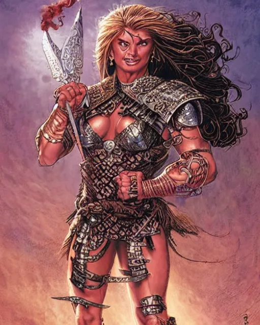 Prompt: a beautiful and strong female warrior by Boris Valejo and Laura Sava and Jeff Easley