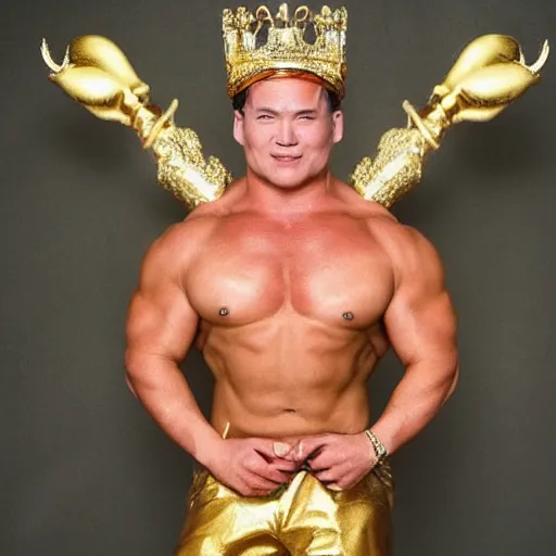 Image similar to the coolest looking muscle pig man wearing a gold crown on his head