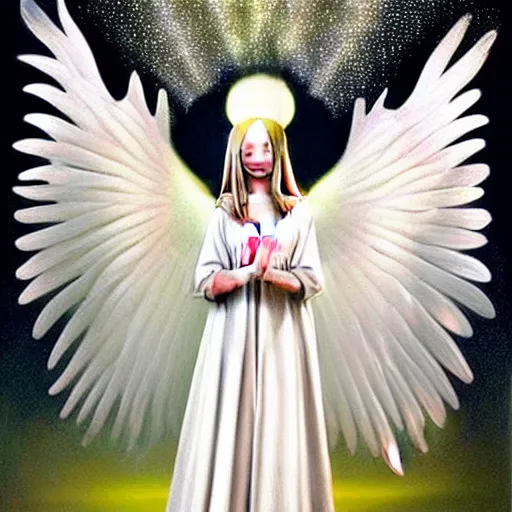 Image similar to highdetailed hyperrealistic painting of white angel!!! no gender smiling noface!!!, light instead of hands, white sparkles everywhere, 4 k hd face!!!, big silver high detailed wings!!!, renaissance, by jan van eyck, holography space, glow effect, large strokes, monochrome!!!!!