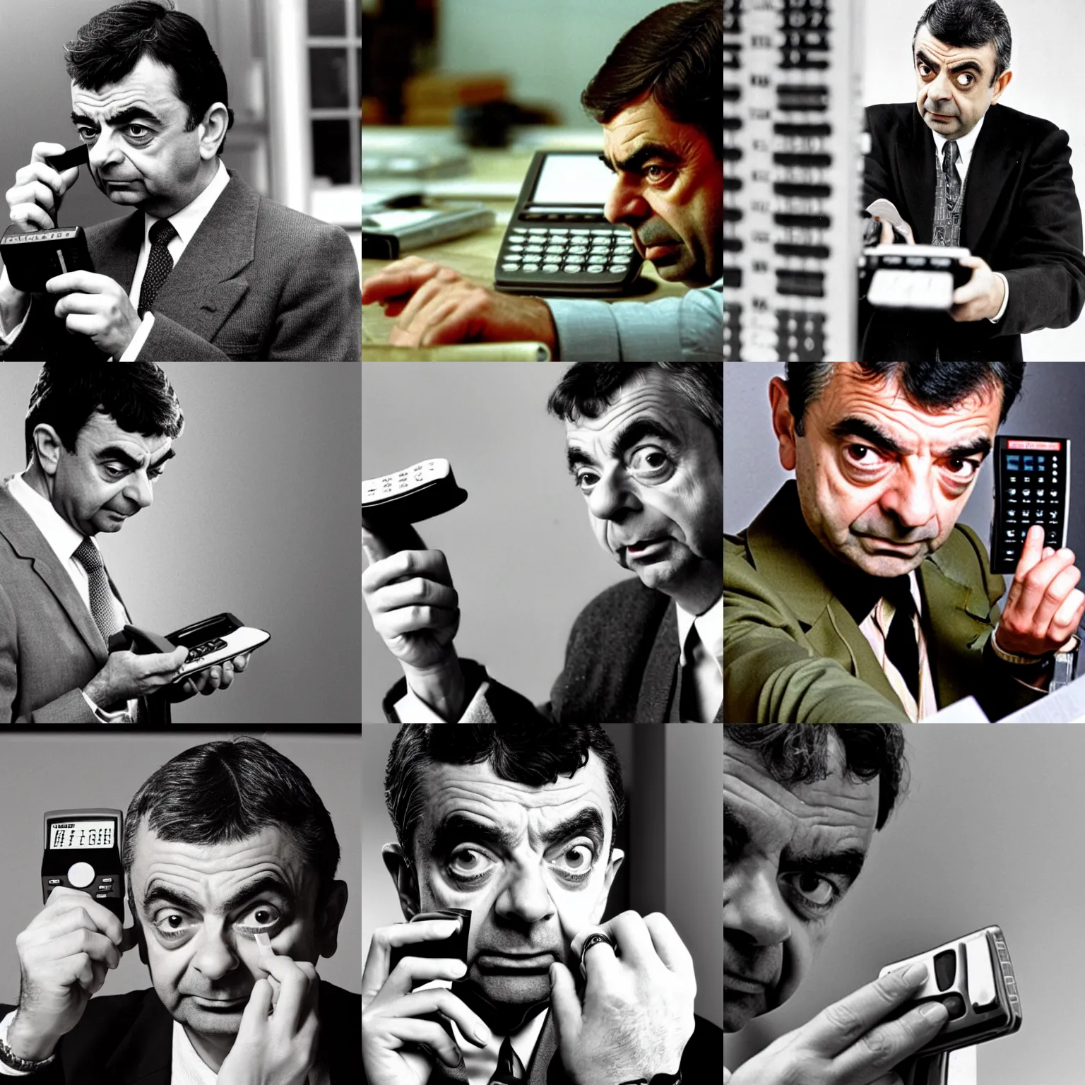 Prompt: dramatic photo of rowan atkinson holding an calculator and struggling to use a casio calculator calculator calculator, close up