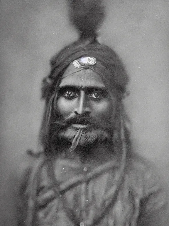 Image similar to portrait of hindu death god, ww1 photo, grainy, high detail, high resolution,