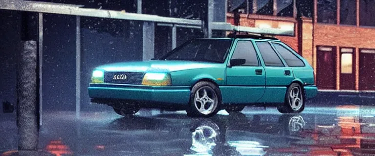 Image similar to Aqua Metallic Audi 80 RS 2 Avant (1995), black car, a gritty neo-noir, dramatic lighting, cinematic, establishing shot, extremely high detail, photorealistic, cinematic lighting, artstation, by simon stalenhag, Max Payne (PC) (2001) winter new york at night, flashing lights, Poets of the Fall - Late Goodbye