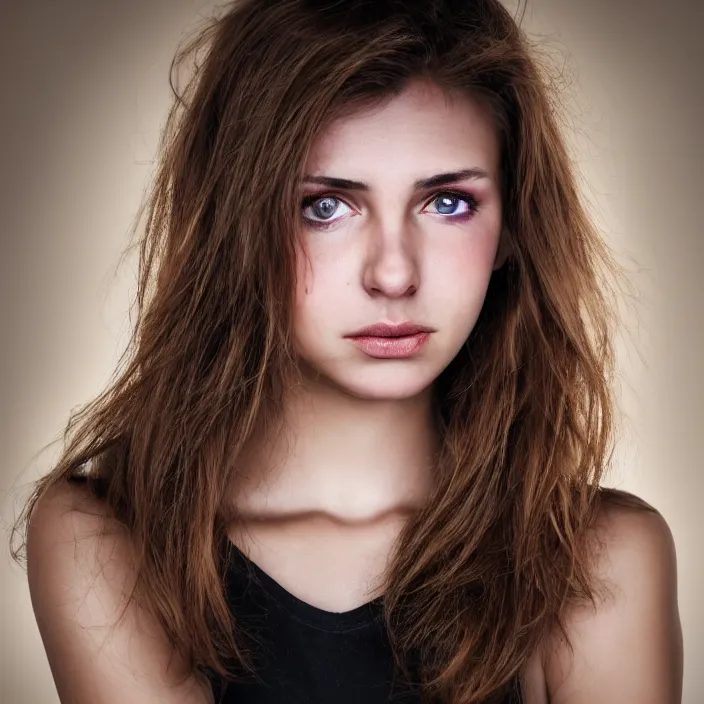 Prompt: photographic Close-up face of a extremely beautiful girl with light brown hair , high light on the left, non-illuminated backdrop, illuminated by a dramatic light, Low key lighting, light dark, High constrast, dramatic , Steve Mccurry, Craig Mulins ,dark background, high quality, photo-realistic, 8K,