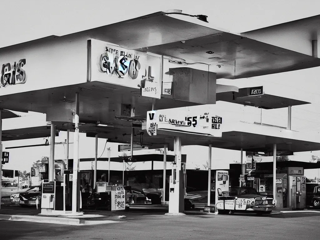 Image similar to “A black and white 35mm photo of a vintage gas station in Los Angeles”