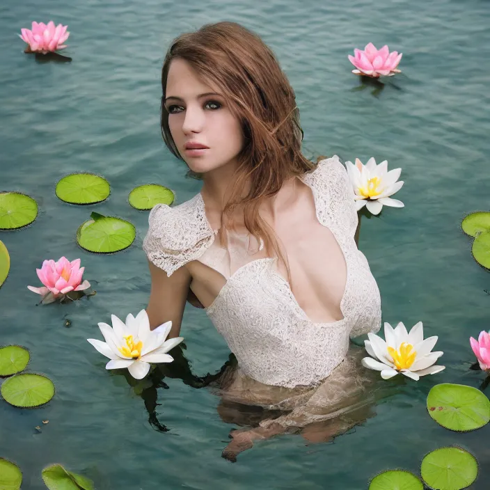 Image similar to Kodak Portra 400, 8K, soft light, volumetric lighting, highly detailed, britt marling style 3/4, photo close-up portrait of extreme beautiful girl floating in water surrounded by lily pads, half face in the water, a beautiful lace dress and hair are intricate with highly detailed realistic beautiful flowers , Realistic, Refined, Highly Detailed, natural outdoor soft pastel lighting colors scheme, outdoor fine art photography, Hyper realistic, photo realistic