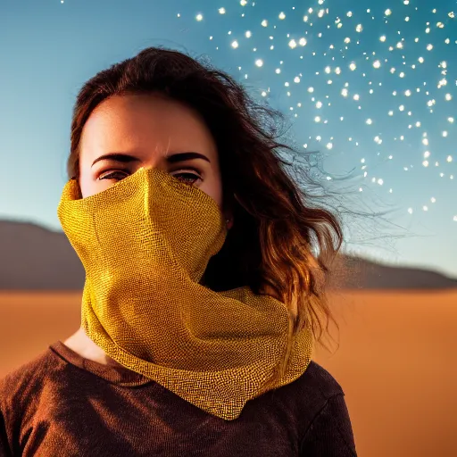 Image similar to female balaclava photography portrait, desert wind, golden particles flying in the air, bokeh, golden hour