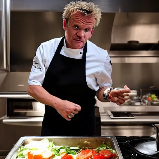 Prompt: <photograph quality=hd+ mode=attention-grabbing>Gordon Ramsey in the kitchen yelling at a cook</photograph>