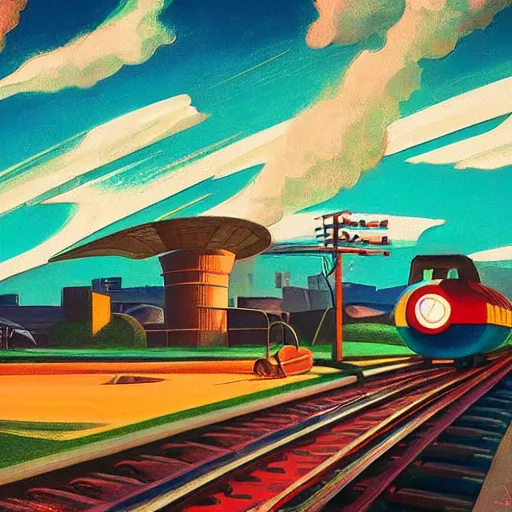 Image similar to detailed rooster, clockwork, moment, tectonic sky, skydome, bullet train, turbines, utopian, tech noir, wet reflections, prism, atmospheric, ambient, pj crook, syd mead, malcom t liepke, emma uber, edward hopper