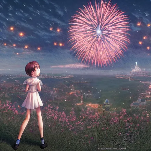 Prompt: girl watching watching fireworks on a hill, digital art, by range murata, akiyuki shinbou, yoshitaka amano highly detailed, realistic, cinematic, bold colours, photorealism, 4 k, wide angle lens