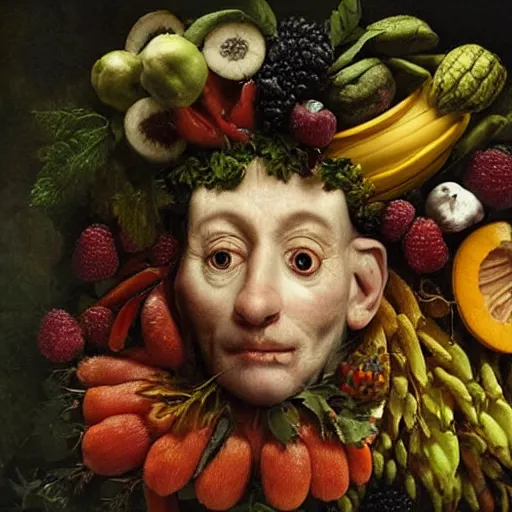 Image similar to giuseppe arcimboldo completely made of fruits, unreal engine, new scifi movie