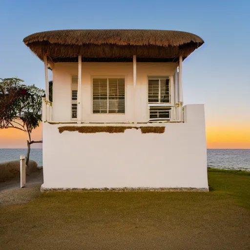 Prompt: house with white walls near the beach, sunset