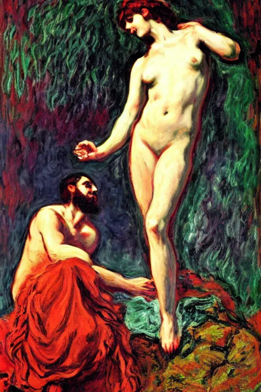 Image similar to Prometheus by Salome with the Head of John the Baptist, background by Claude Monet