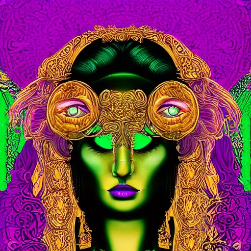 Prompt: a majestic portrait of a woman as the aws logo, digital painting, high detail, 8 k, intricate ornamental details, vibrant iridescent colors, green magenta and gold