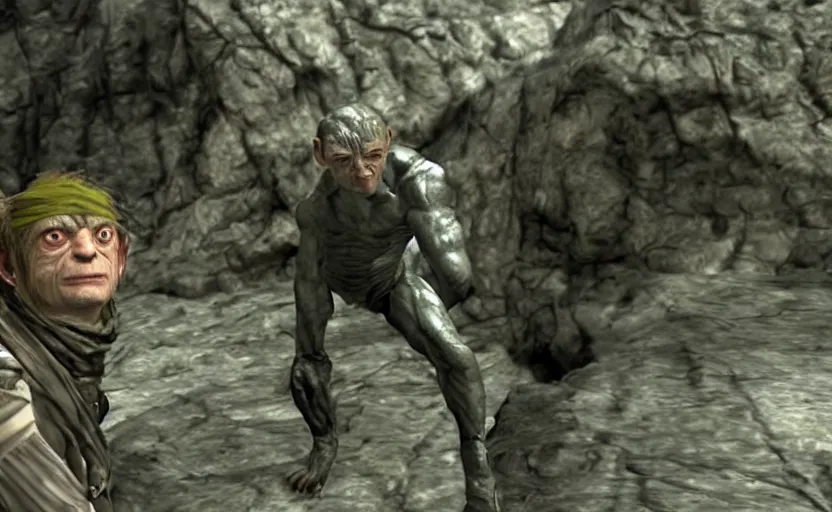 Prompt: a screenshot of gollum as solid snake in metal gear solid 1,