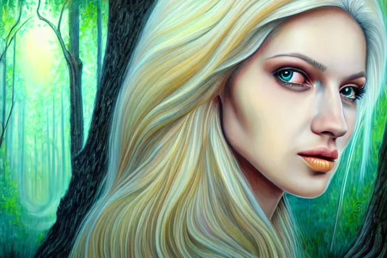 Image similar to realistic detailed portrait painting of a beautiful ghost woman with blond hair with an alien, futuristic sci-fi forest on background