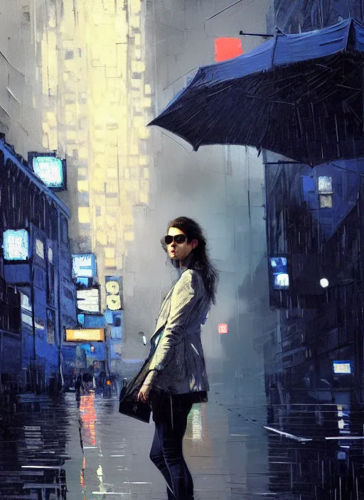 Image similar to portrait of beautiful girl, new york, rain, shades of blue and grey, beautiful face, rule of thirds, intricate outfit, spotlight, by greg rutkowski, by jeremy mann, by francoise nielly, by van gogh, digital painting