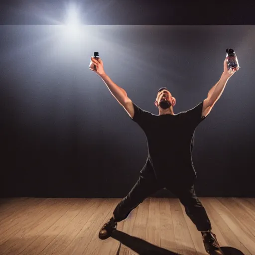 Prompt: a man boisterously dancing around the room by himself holding an empty bottle jumps in the air, dramatic lighting, award-winning photo UHD, 4K